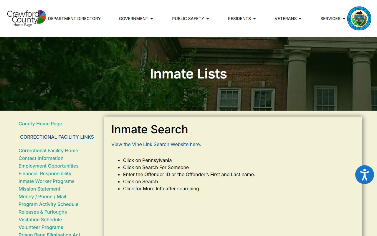 Crawford County inmate population VINELink search instructions
