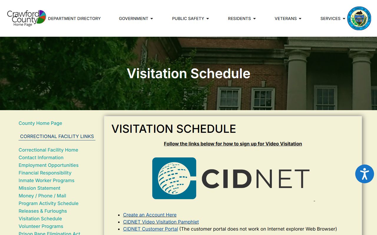Crawford County inmate records visitation schedule by housing unit