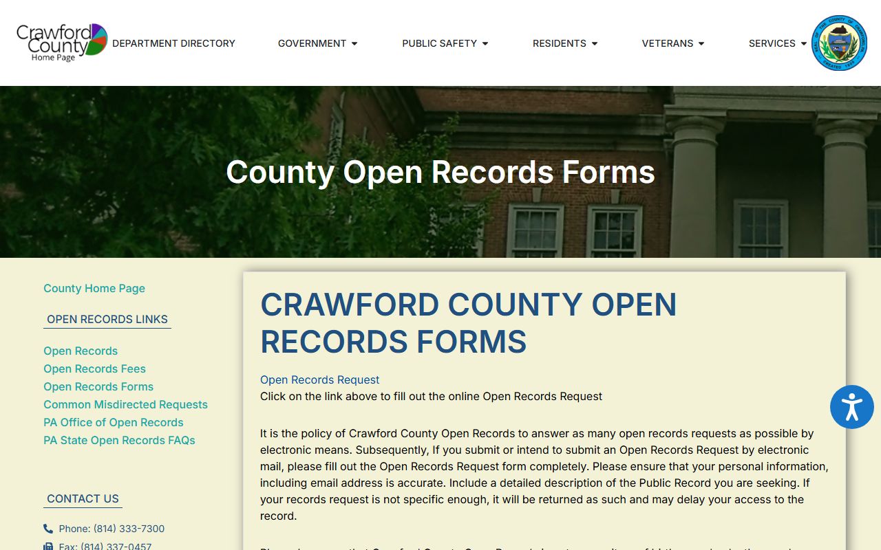 Crawford County jail mugshots open records request form page