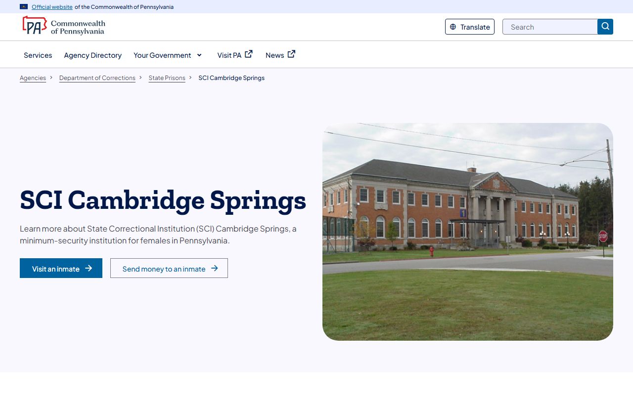 SCI Cambridge Springs PA DOC inmate lookup facility page
